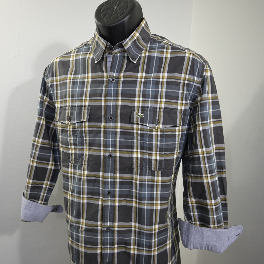 Lacoste Button Up Shirt Mens Size 40 Slim Fit Gray Plaid 3/4 Sleeve Flip Cuff